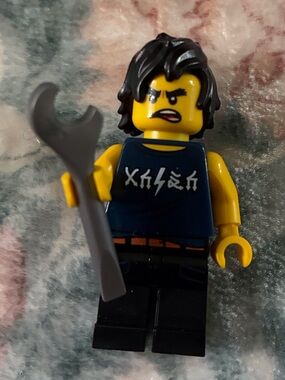 Lego Black-Haired Minifigure with Navy Printed Torso and Yellow Head